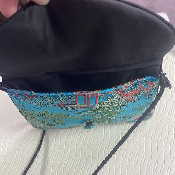 Hand Made Teal Blue Pure Silk Embroidery Mini Cross-body Purse 8x6x.75" - Picture 8 of 9